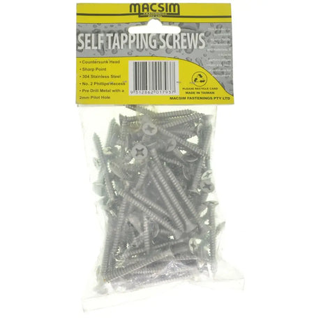 Pack of self-tapping screws with Macsim branding on a white background