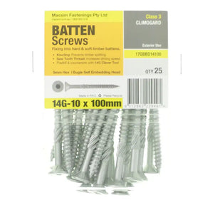 Pack of batten screws with packaging displaying brand and product details.