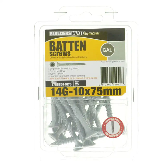Pack of Batten screws with Builders Mate branding on a white background