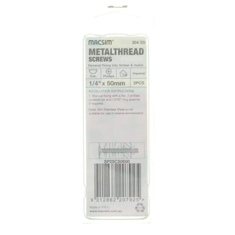 Packaging of Macsim Metalthread screws on a white background