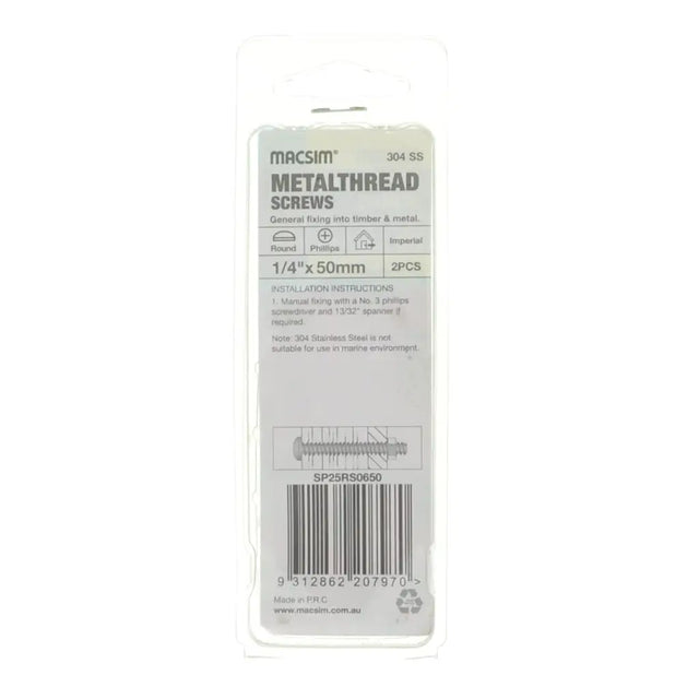 Packaging of Macsim metal thread screws on a white background