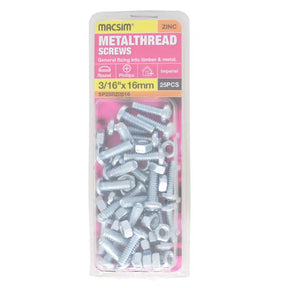 Macsim 3/16-inch x 16mm zinc-plated round-head bolts and nuts in blister packaging labelled 25 pieces