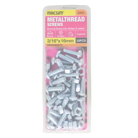 Macsim 3/16-inch x 16mm zinc-plated round-head bolts and nuts in blister packaging labelled 25 pieces