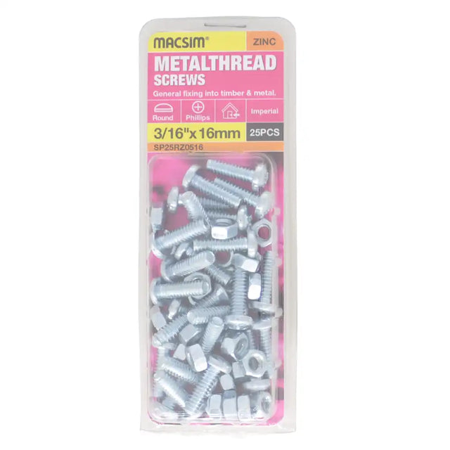 Macsim 3/16-inch x 16mm zinc-plated round-head bolts and nuts in blister packaging labelled 25 pieces