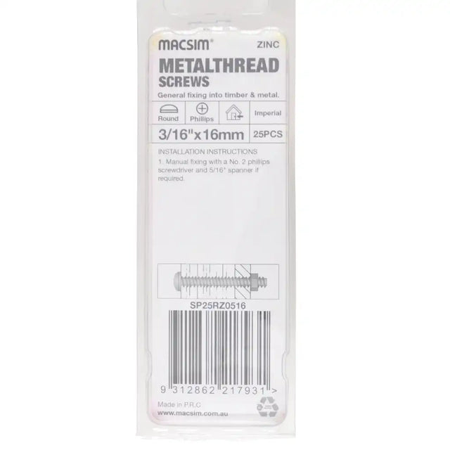 Back of Macsim 3/16-inch x 16mm round-head bolt and nut packaging showing installation instructions