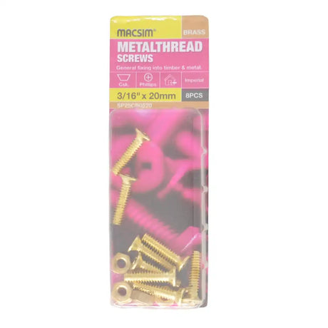 Macsim 3/16-inch x 20mm brass-plated countersunk bolts and nuts in blister packaging labelled 8 pieces