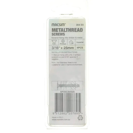 Packaging of Macsim metalthread screws on a white background