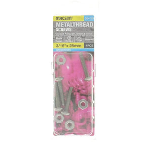 Pack of metal screws with packaging labeled 'Macsim' on a white background