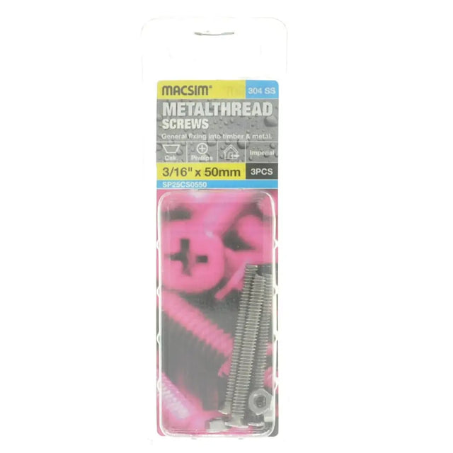 Pack of Macsim metal thread screws on a white background