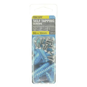 Pack of Macsim self-tapping screws with packaging on a white background