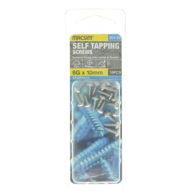 Pack of Macsim self-tapping screws with packaging on a white background