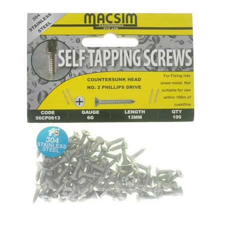 Packaging of Macsim self-tapping screws with screws spilling out on a white background