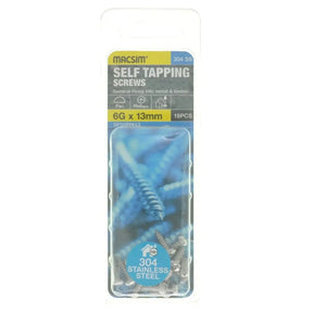Pack of Macsim self-tapping screws with packaging on a white background