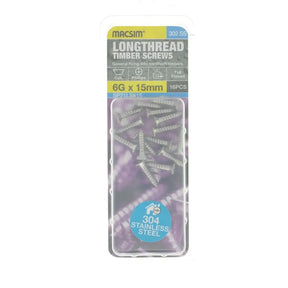 Pack of Macsim longthread timber screws with packaging on a white background