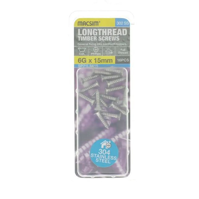 Pack of Macsim longthread timber screws with packaging on a white background