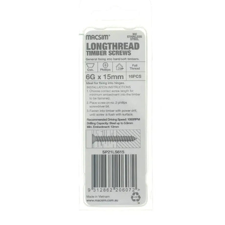 Packaging of Macsim lengthhread timber screws on a white background
