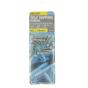 Pack of Macsim self-tapping screws with clear plastic cover on a white background