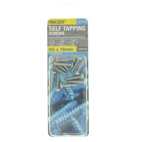 Pack of Macsim self-tapping screws with clear plastic cover on a white background