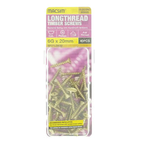 Pack of Macsim longthread timber screws with packaging on a white background