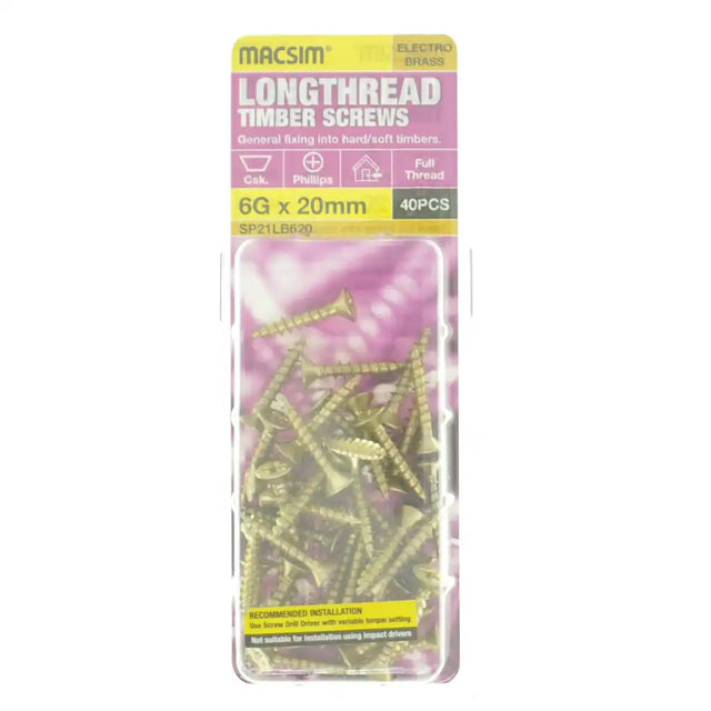 Pack of Macsim longthread timber screws with packaging on a white background