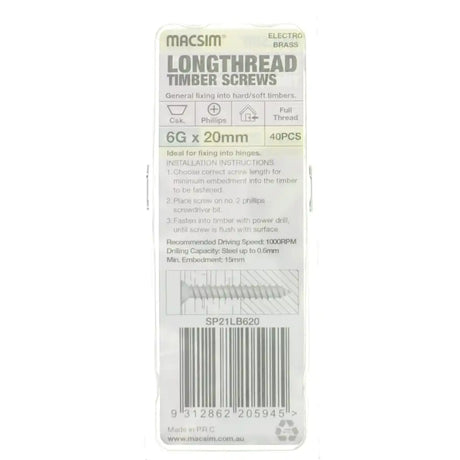 Packaging of Macsim longthread timber screws on a white background