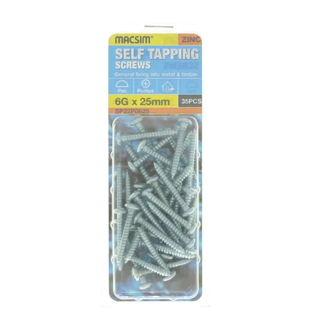 Pack of self-tapping screws with Macsim branding on a white background