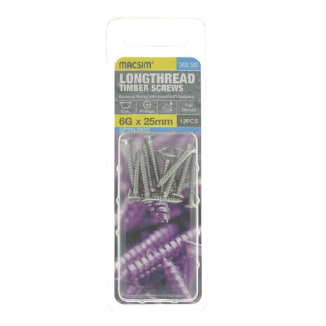 Pack of Macsim longthread timber screws on a white background