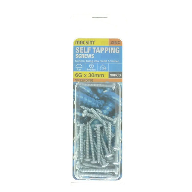 Pack of Macsim self-tapping screws on a white background