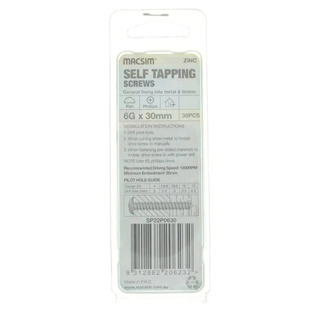 Pack of self-tapping screws with a clear label on a white background