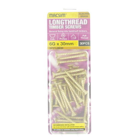 MACSIM 6Gx40mm Countersunk LONGTHREAD Timber Screw Electro Brass SP21LB0630