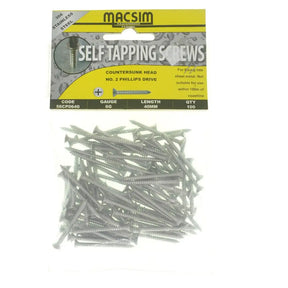 Pack of Macsim self-tapping screws with packaging on a white background