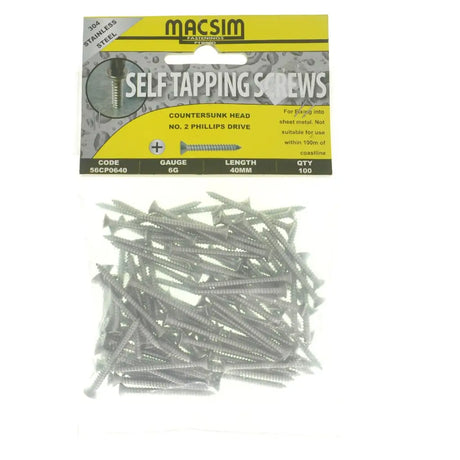 Pack of Macsim self-tapping screws with packaging on a white background