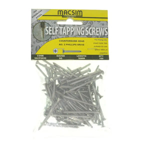 Pack of Macsim self-tapping screws with packaging on a white background