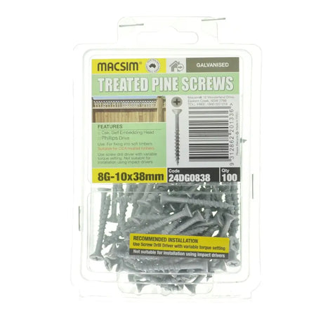 Pack of Macsim treated pine screws on a white background