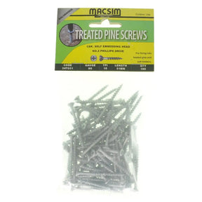 Pack of treated pine screws with packaging labeled 'Macsim'.