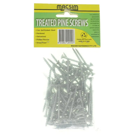 Package of Macsim treated pine screws on a white background