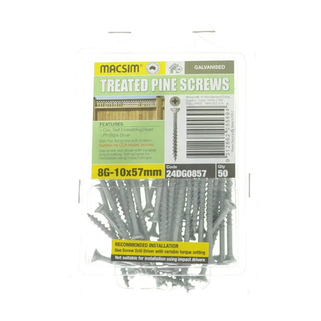 Pack of Macsim treated pine screws on a white background