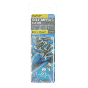 Pack of self-tapping screws with packaging displaying brand name and specifications.