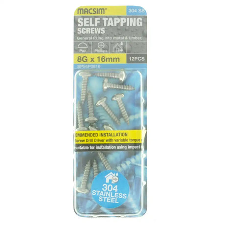MACSIM 8Gx16mm Pan Head Self Tapping Screws Phillips Stainless Steel SP56P0816