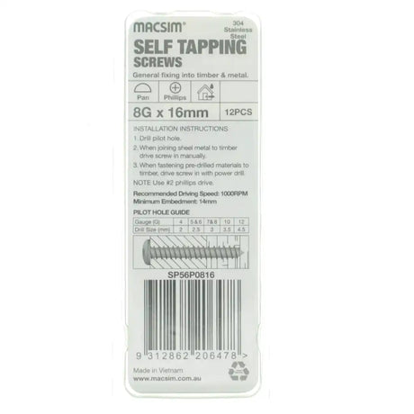 Packaging of Macsim self-tapping screws on a white background