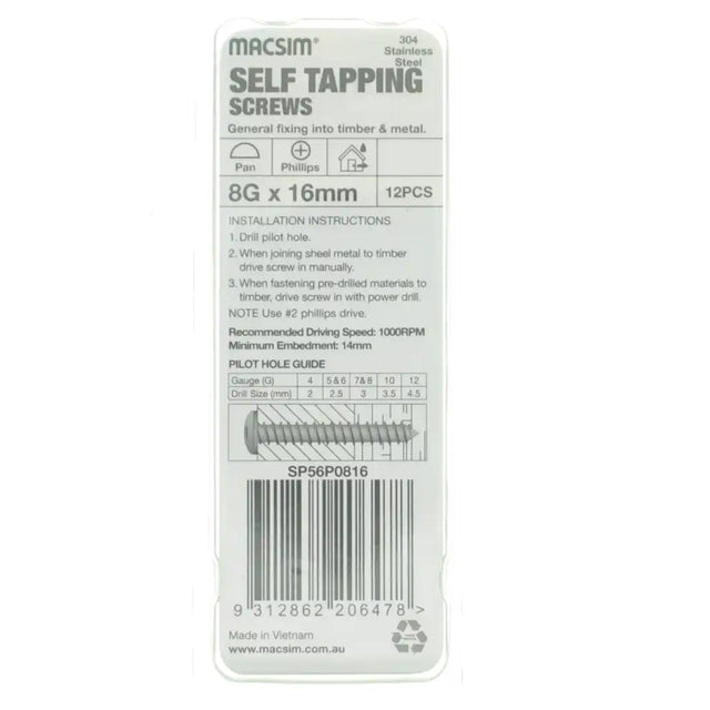 Packaging of Macsim self-tapping screws on a white background