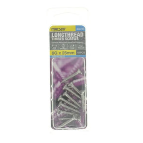 Pack of Macsim longthread timber screws on a white background