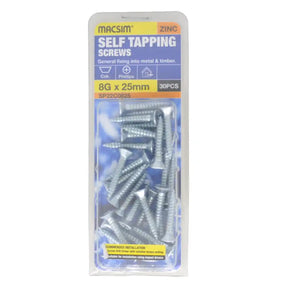 A package of 30 self-tapping screws in zinc finish, 8G x 25mm, in clear plastic packaging with a blue and yellow header card. The screws inside are silver-colored metal.