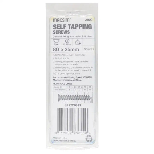 A package of 30 self-tapping zinc screws, 8G x 25mm, by Macsim, shown in its clear plastic packaging with printed product details and a barcode.