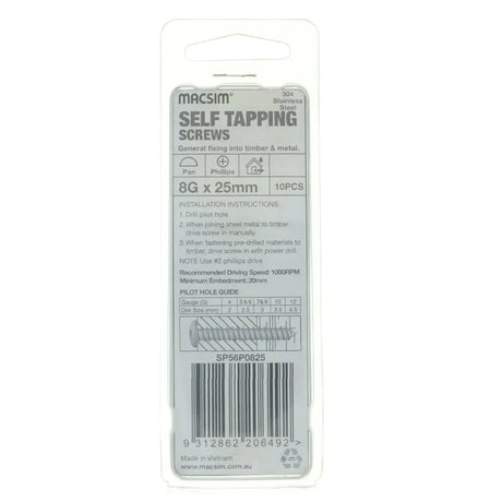 Packaging of Macsim self-tapping screws on a white background
