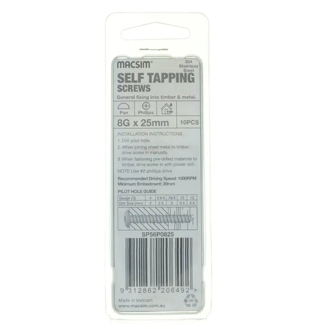 Packaging of Macsim self-tapping screws on a white background