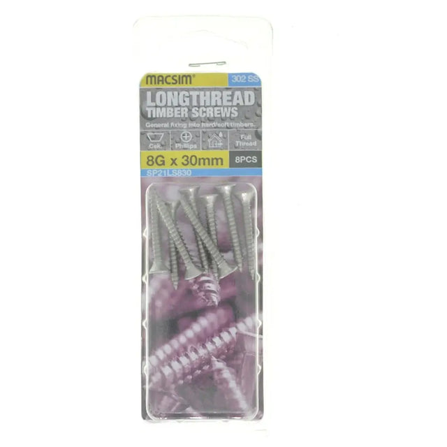 Pack of Macsim longthread timber screws on a white background