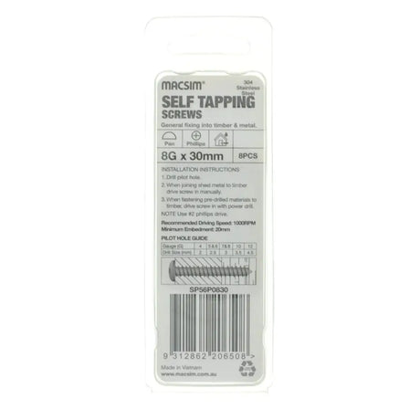 Packaging of Macsim self-tapping screws with specifications on a white background