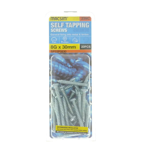 Pack of Macsim self-tapping screws with packaging on a white background