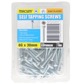A package of 100 Macsim zinc-plated self-tapping screws, 8G x 30mm, in a clear plastic clamshell container with a white, blue, and yellow label.
